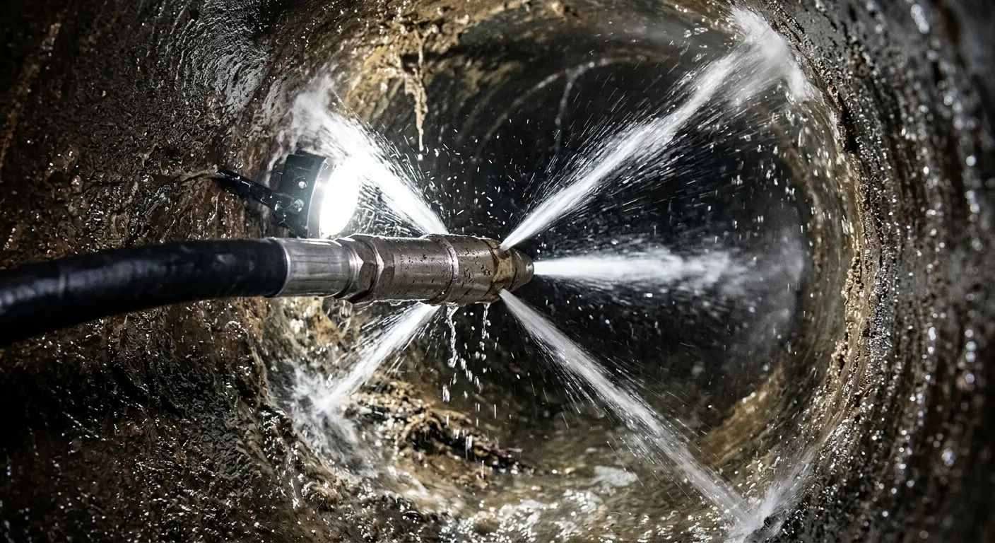 High-pressure hydro jetting nozzle cleaning sewer pipe for Emergency Drain Service in Pell City