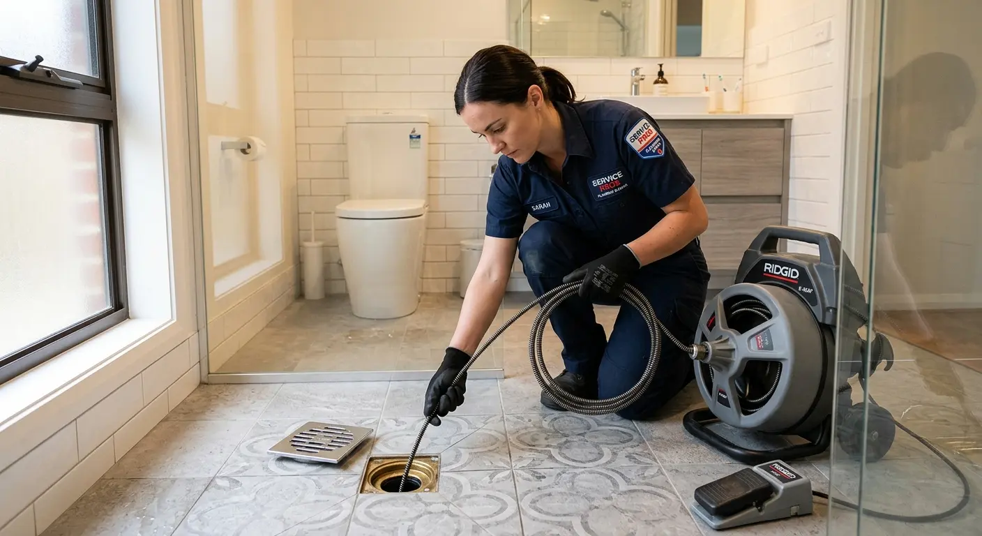 Technician clearing a bathroom floor drain for Drain Cleaning in Pell City